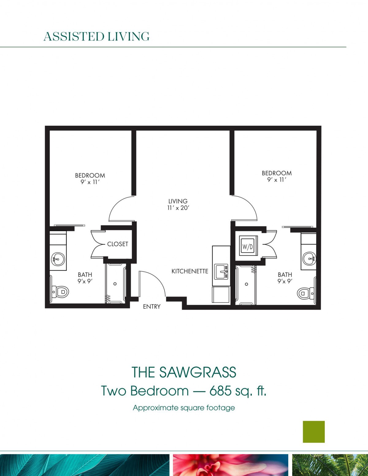 The Sawgrass apartment floor plan featuring a two-bedroom layout with 985 sq. ft.
