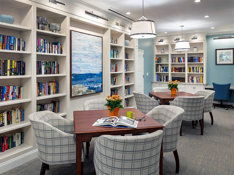 A modern library reading area with comfortable seating and well-organized bookshelves.