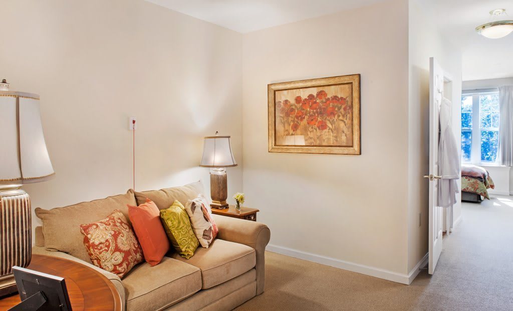A cozy living room corner featuring a beige sofa with colorful cushions, a side table with a lamp, and a framed painting on the wall.