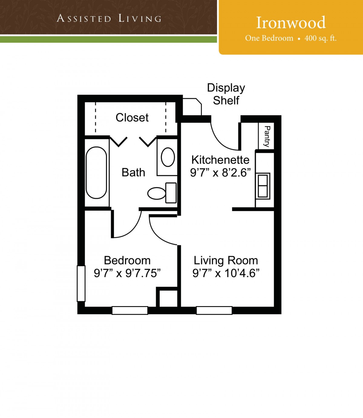 A floor plan of a one-bedroom apartment featuring a bathroom, kitchenette, living room, and closet.