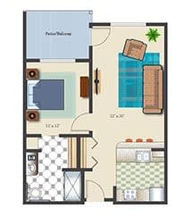 A floor plan of a one-bedroom apartment featuring a living room, kitchen, and bathroom.