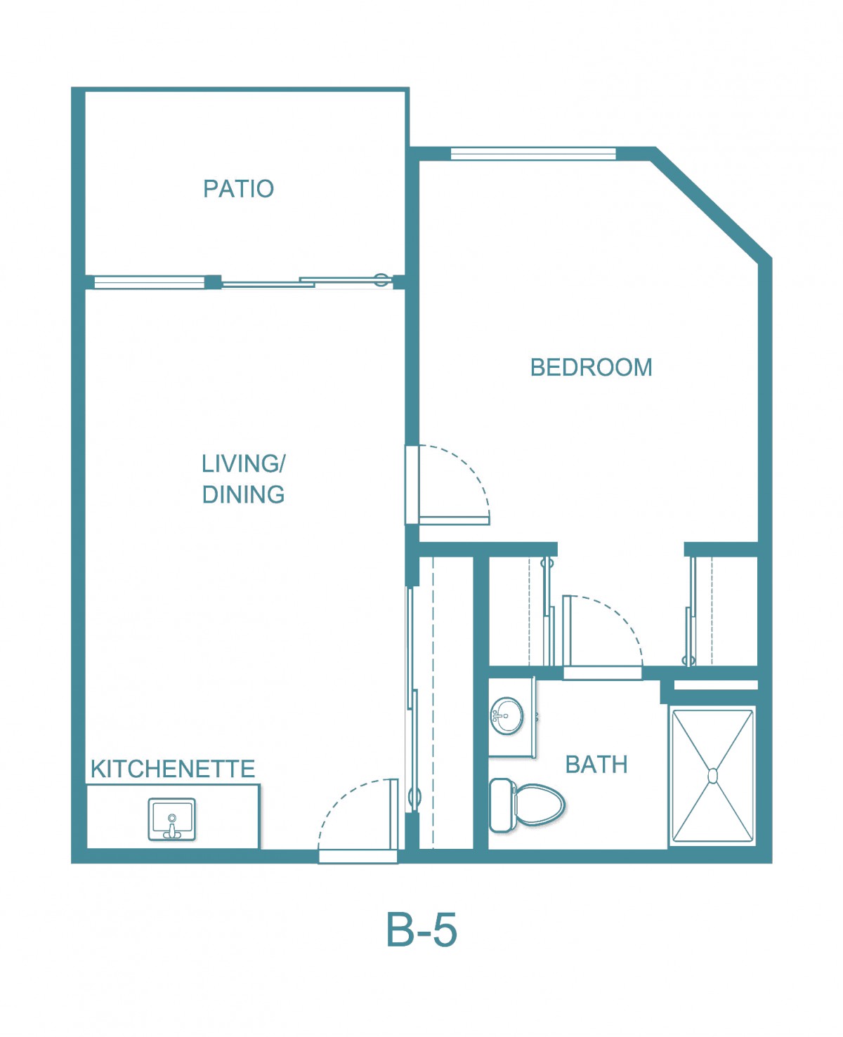Studio apartment floor plan with living/dining area, kitchenette, bedroom, bathroom, and patio.
