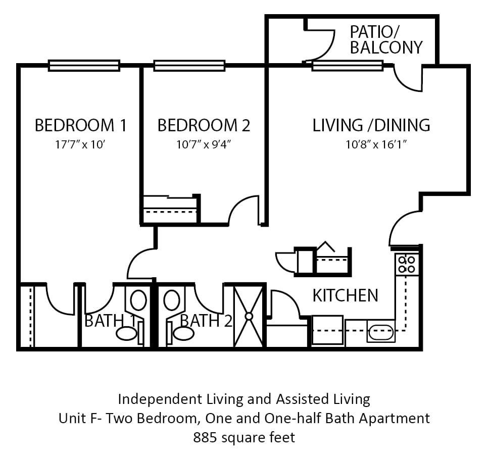 Floor plan of a two-bedroom, one and a half bath apartment with independent and assisted living features.