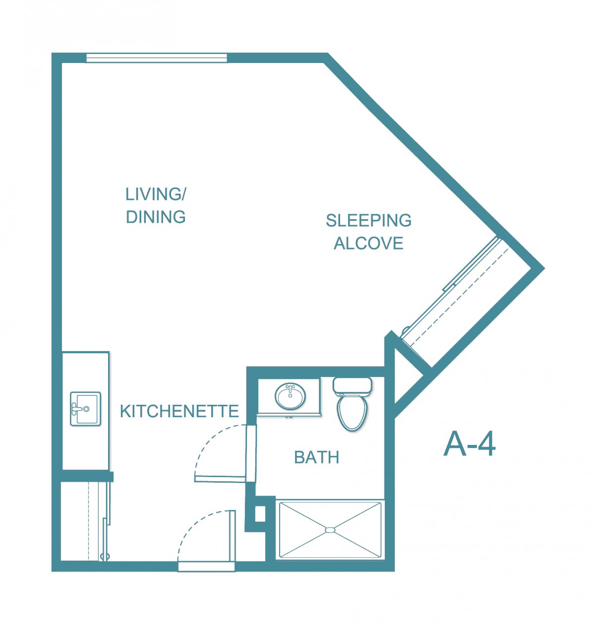 Studio apartment floor plan with living area, kitchenette, bath, and sleeping alcove.