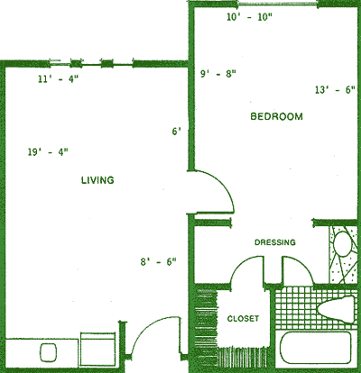 A floor plan of a one-bedroom apartment showing the layout of the living room, bedroom, bathroom, closet, and dressing area.