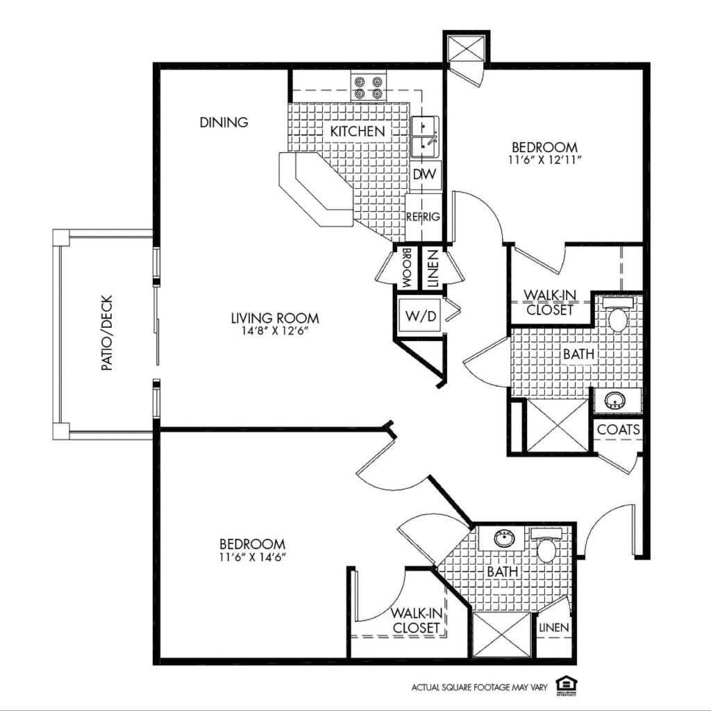 A detailed floor plan of a two-bedroom, two-bathroom apartment layout.