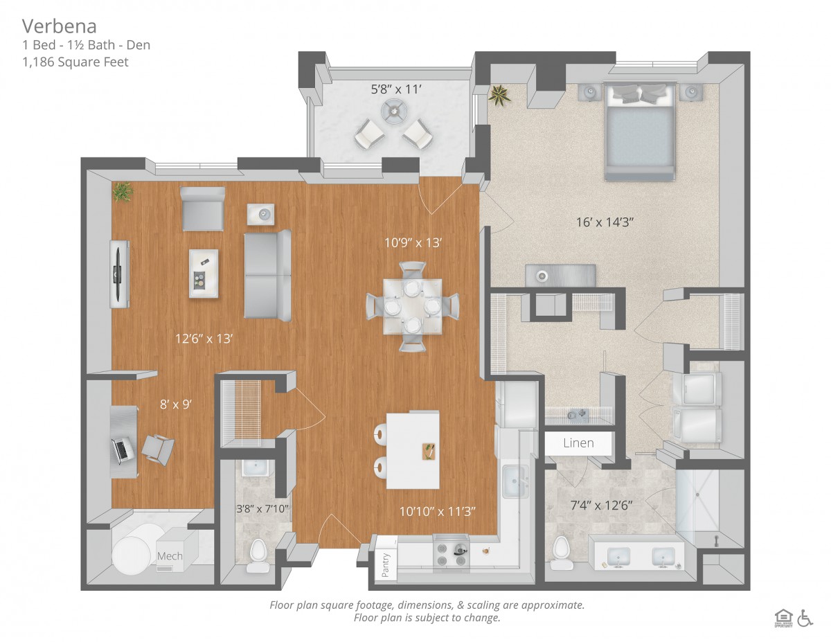 A detailed floor plan of a two-bedroom apartment with labeled rooms.
