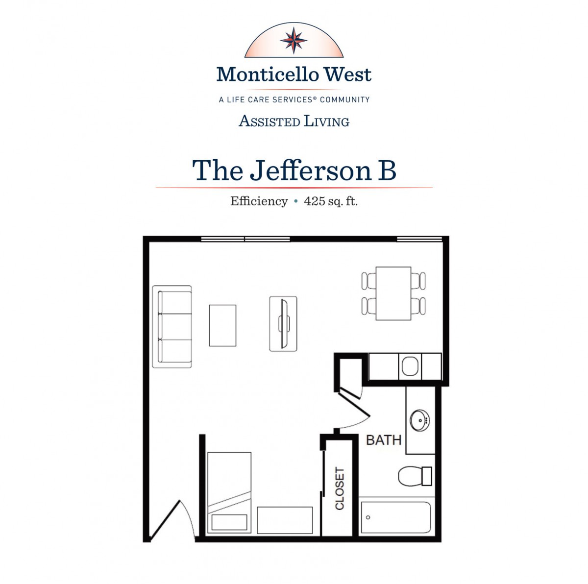 Floor plan of 'The Jefferson B' studio apartment at Morningside West.