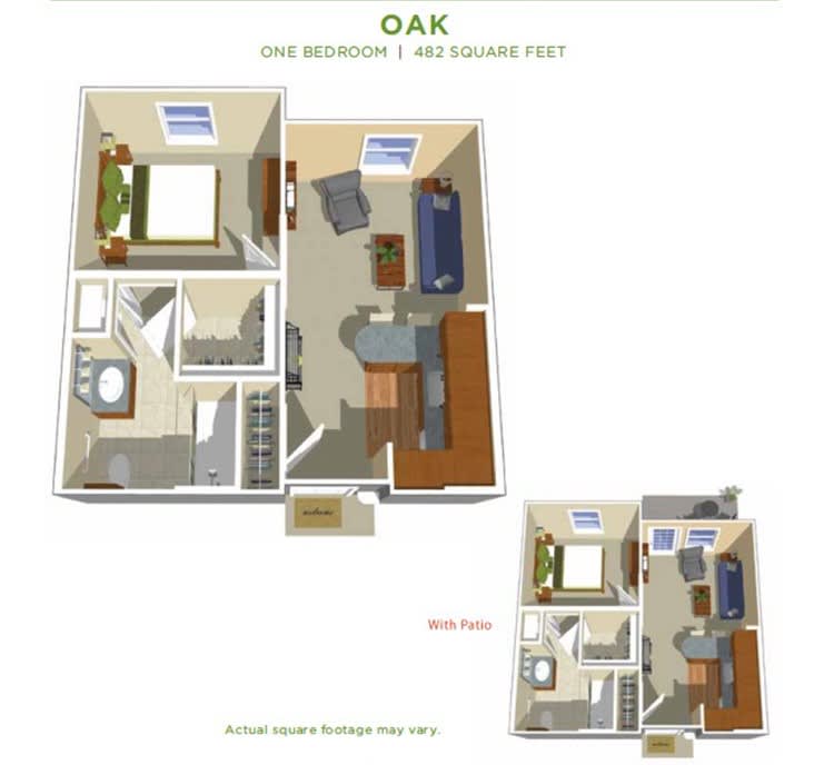 Oak Floor Plan: One Bedroom, 765 Square Feet Apartment Layout