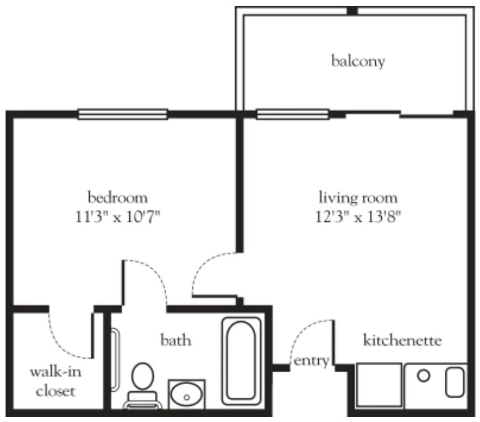 A floor plan of a one-bedroom apartment with a kitchen, living room, bathroom, walk-in closet, and balcony.