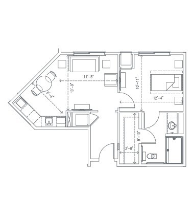 A detailed floor plan of an apartment, showcasing the arrangement of rooms and furniture.
