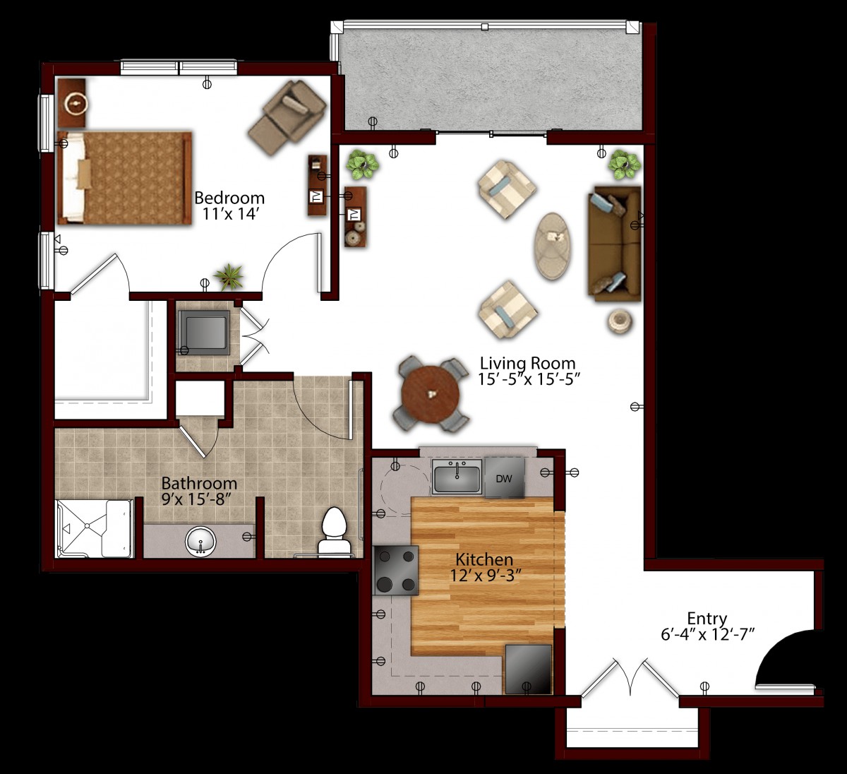 A detailed floor plan of a one-bedroom apartment, featuring a living room, kitchen, bathroom, and balcony.