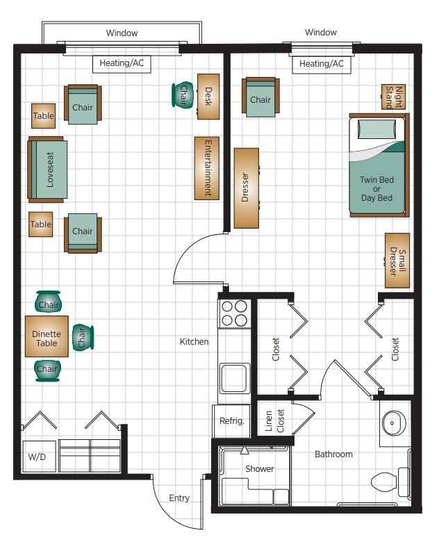 A detailed floor plan of a two-bedroom apartment featuring a living area, kitchen, and bathrooms.