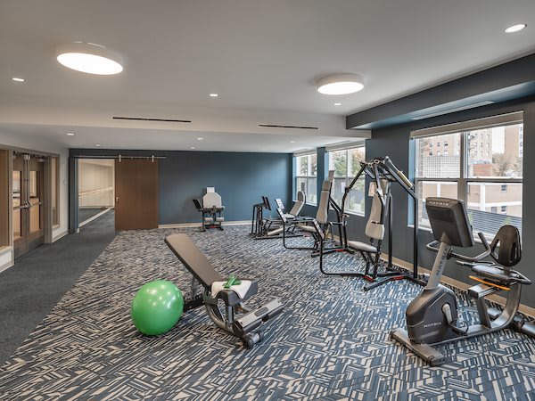 A well-equipped gym with various exercise machines and an exercise ball.