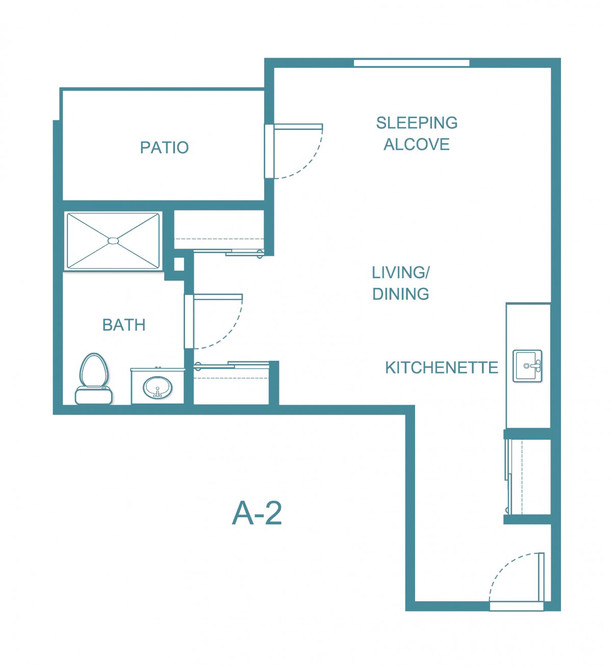 Studio apartment floor plan with a sleeping alcove, living area, kitchenette, bath, and patio.
