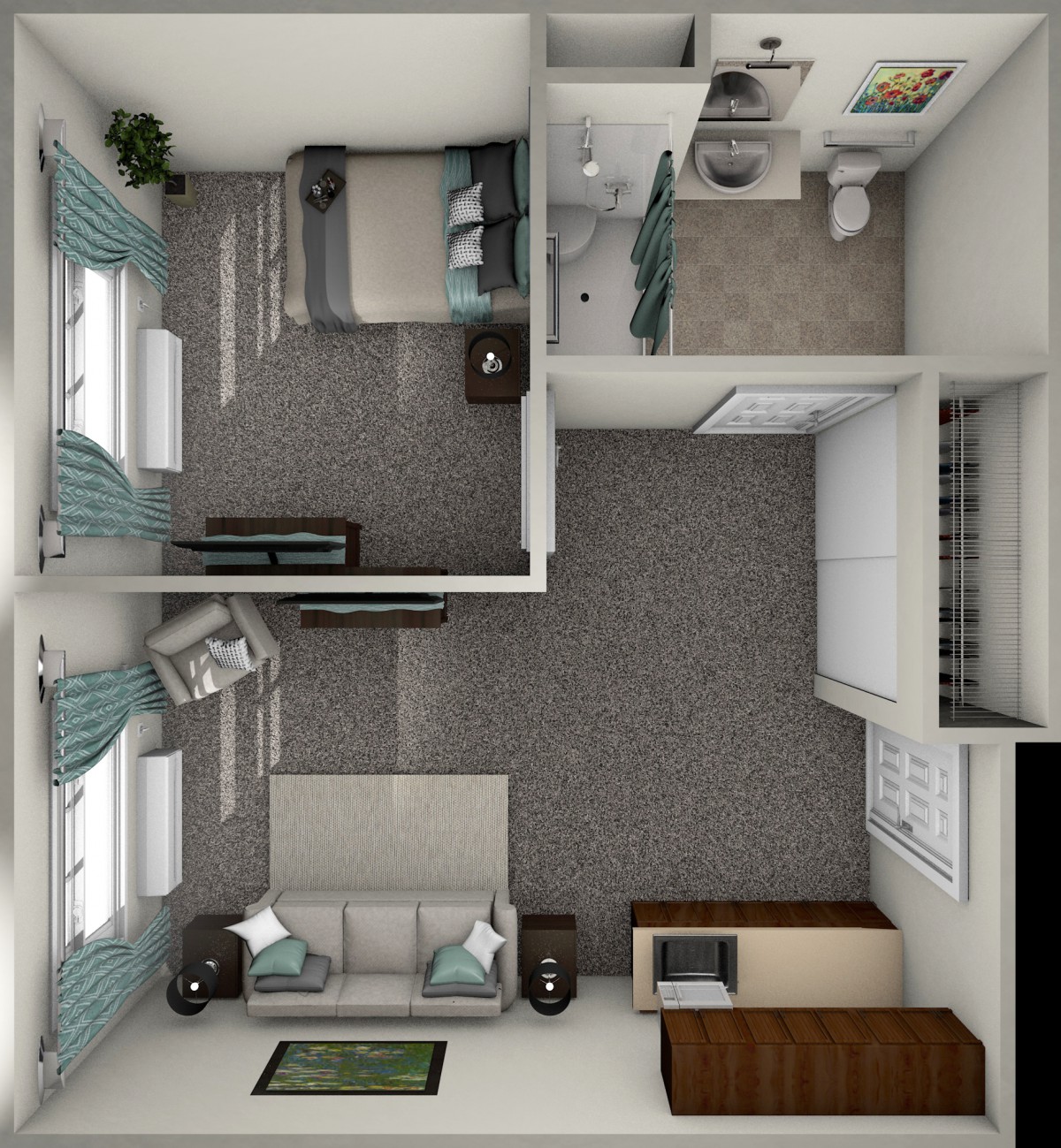 A 3D floor plan of a one-bedroom apartment featuring a living room, kitchen, and bathroom.