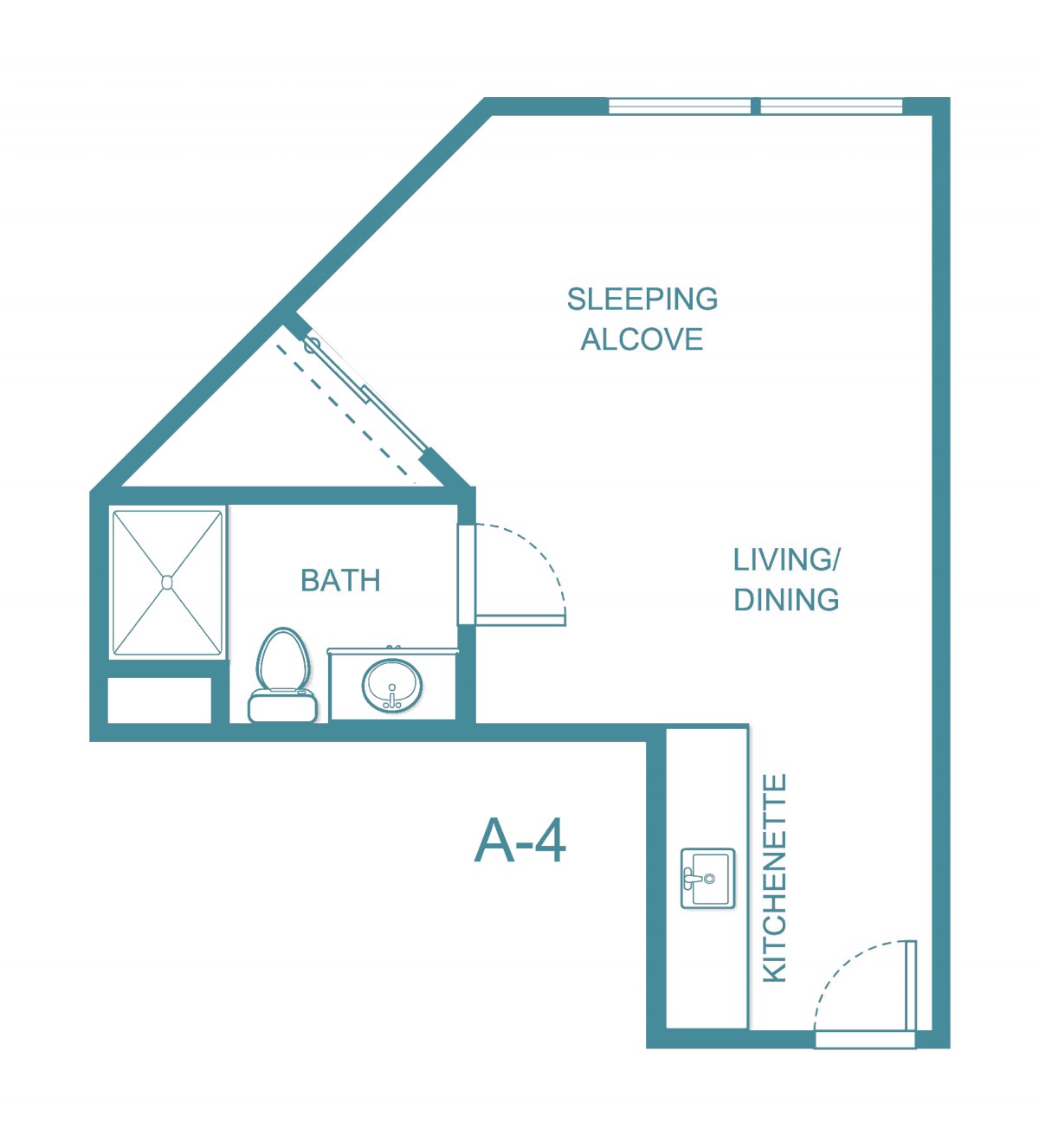 Blueprint of a studio apartment with a sleeping alcove and combined living/dining area.