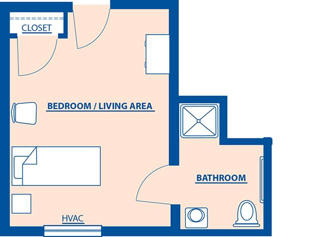 A floor plan of a studio apartment featuring a combined bedroom and living area, along with a bathroom.