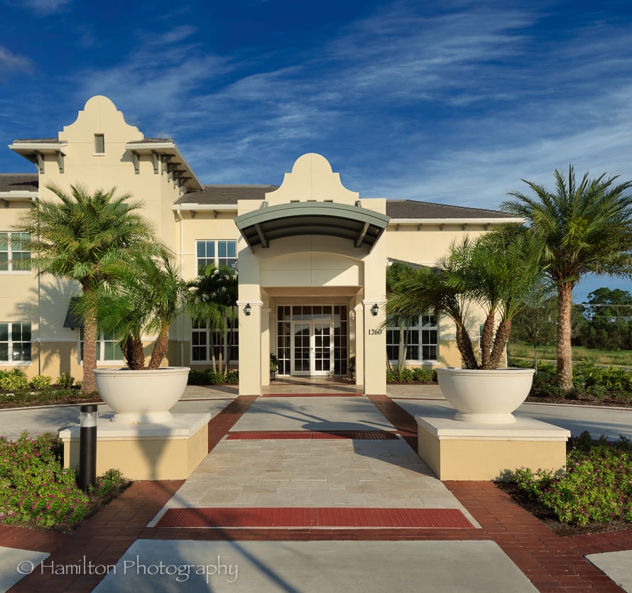 The entrance of a beautifully landscaped building featuring palm trees and architectural details.