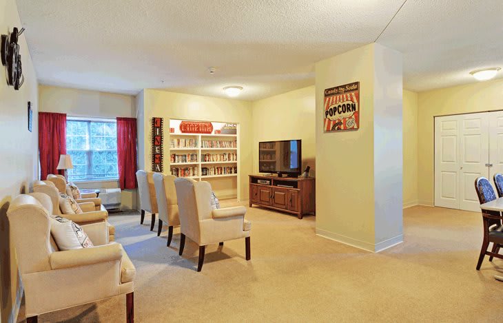 A cozy living room with beige carpet, lined with chairs, a TV on a wooden stand, and a bookshelf.