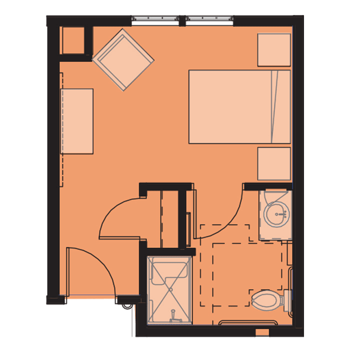 A compact apartment floor plan illustrating a bedroom, bathroom, and living area.