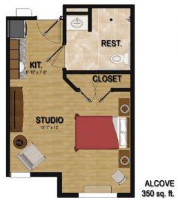 A floor plan of a studio apartment with designated areas for the kitchen, restroom, and closet.