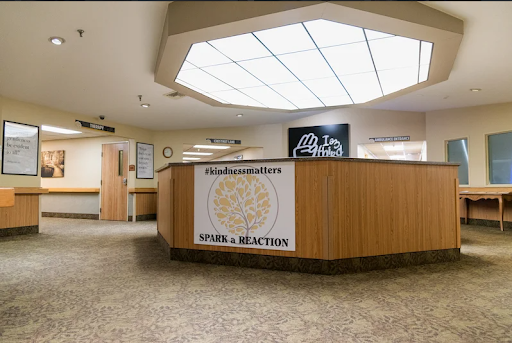 A spacious reception area with a wooden front desk, illuminated by natural light.