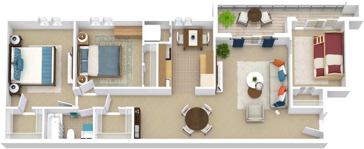 A detailed floor plan of an apartment, showcasing the arrangement of rooms and furniture within a one-bedroom living space.