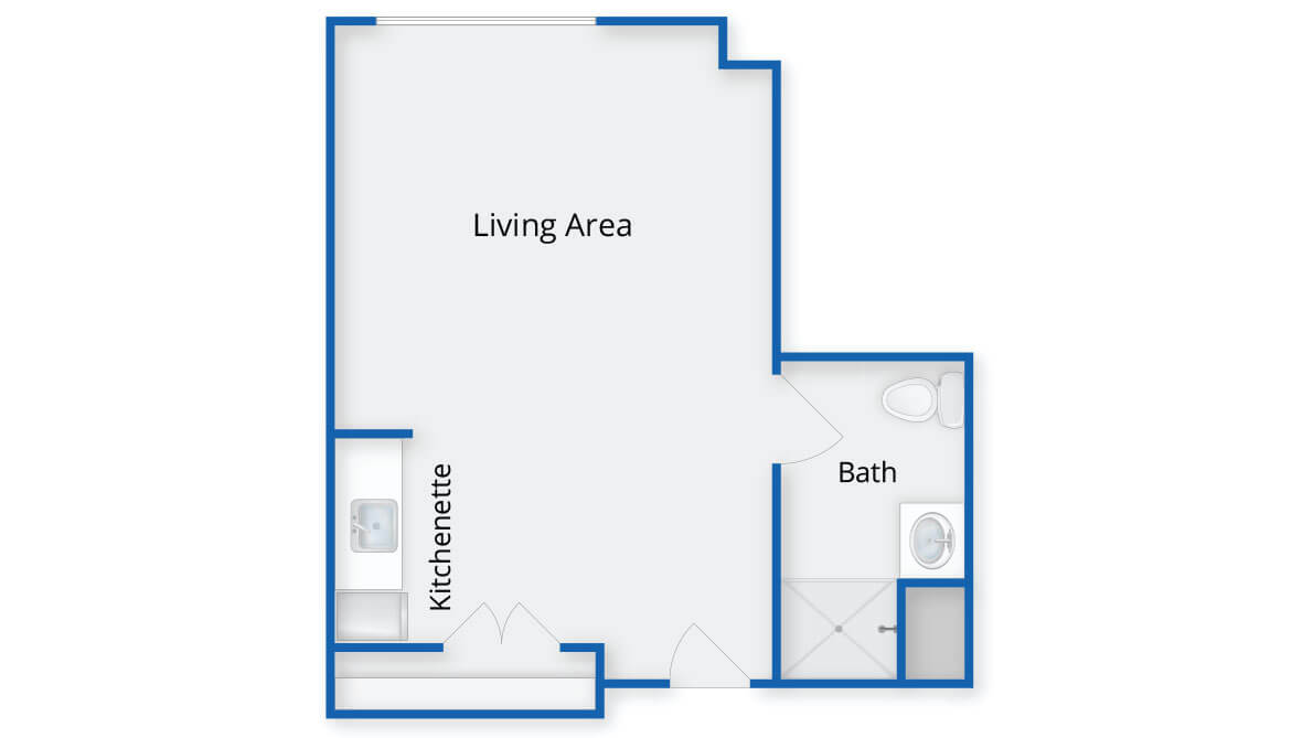 A simple floor plan of a studio apartment featuring a living area, kitchenette, and bathroom.