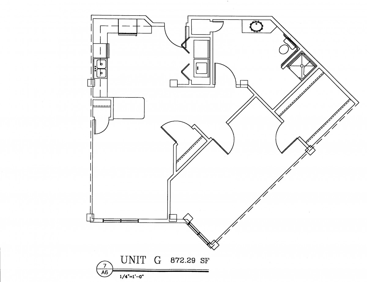 Floor plan of Unit G showing the layout of rooms including a kitchen, bathroom, and living area.