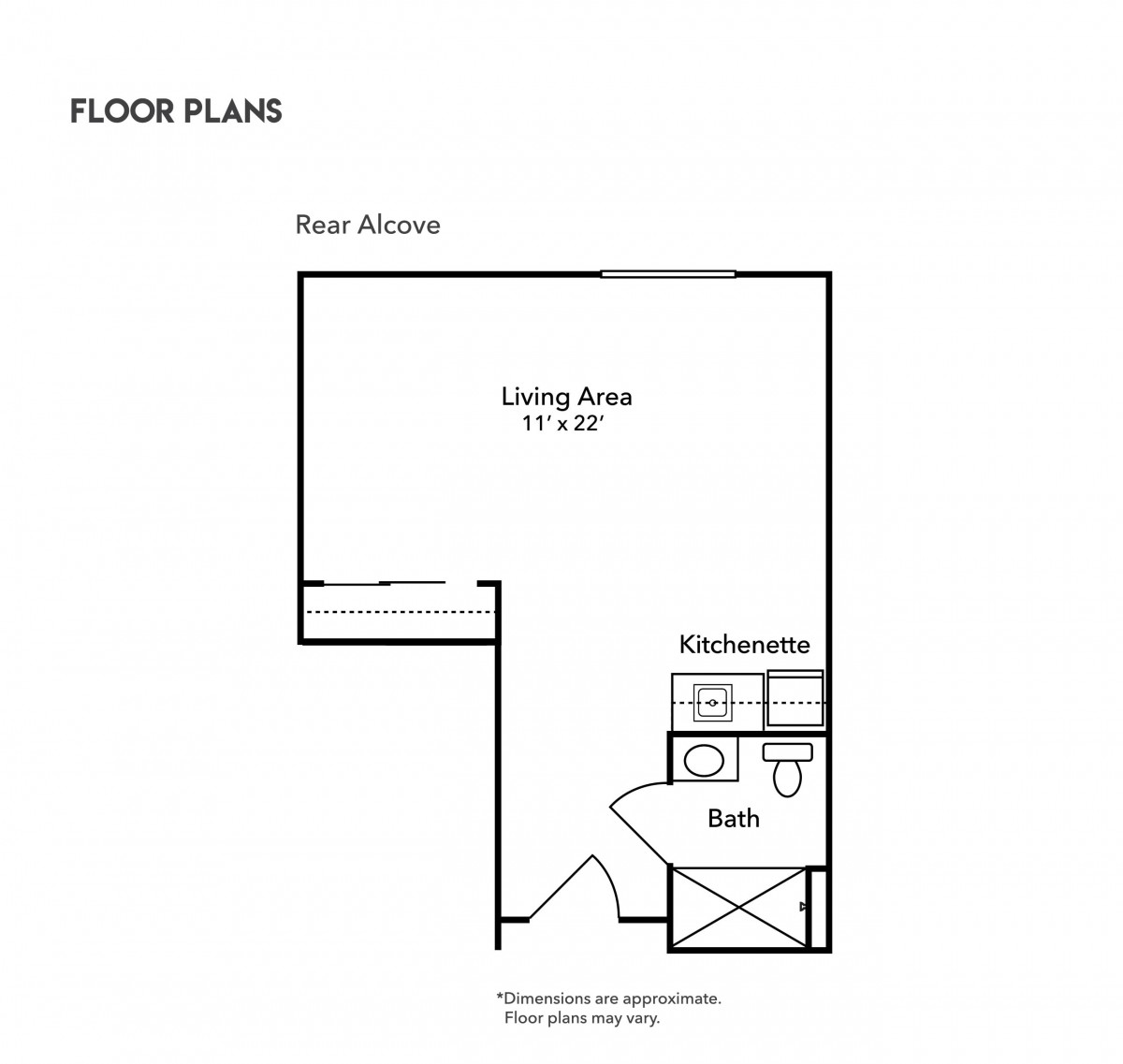 A floor plan of a studio apartment featuring a living area, kitchenette, and bathroom.