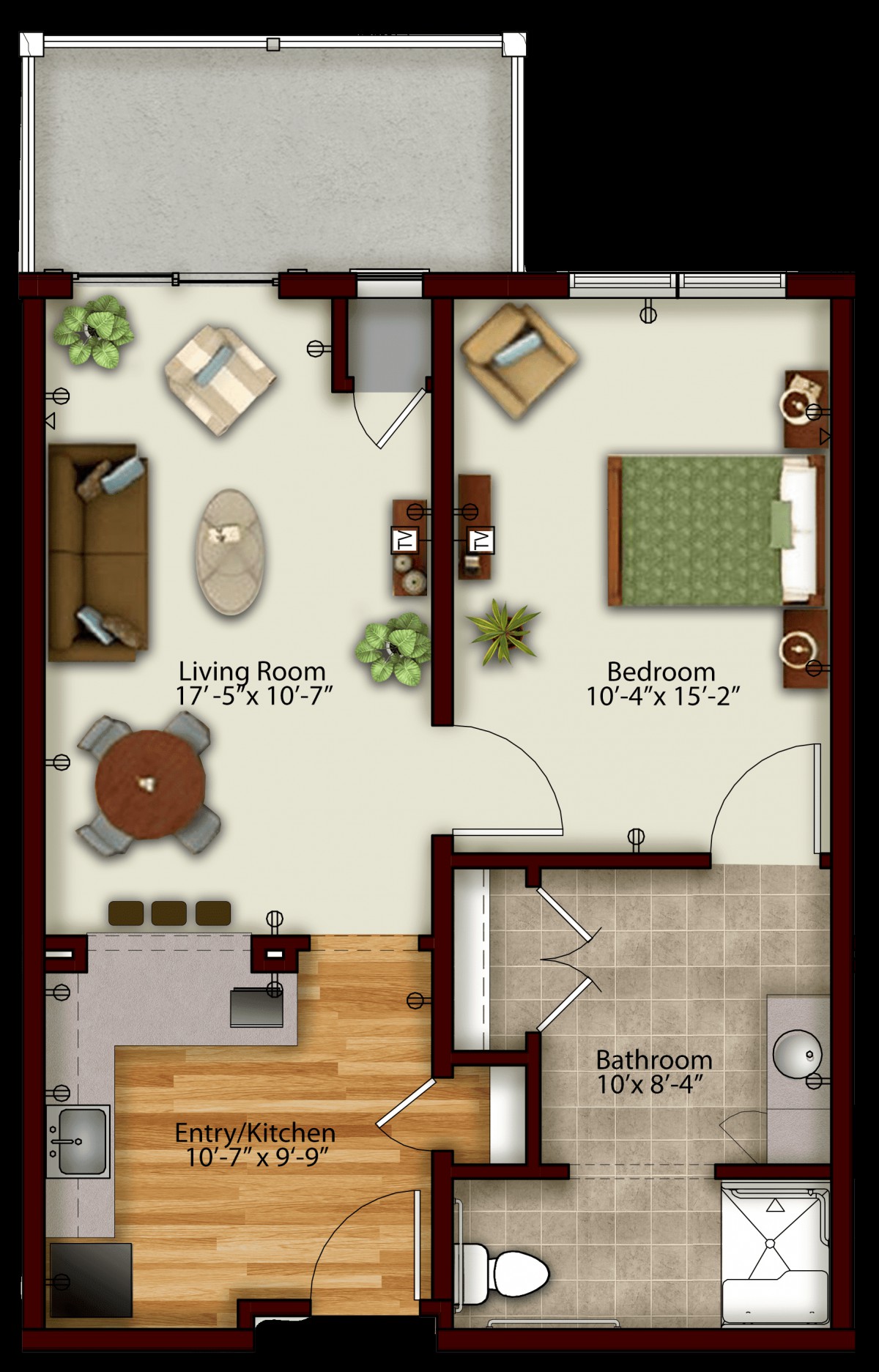 A floor plan of a one-bedroom apartment featuring a living room, kitchen, bedroom, and bathroom.