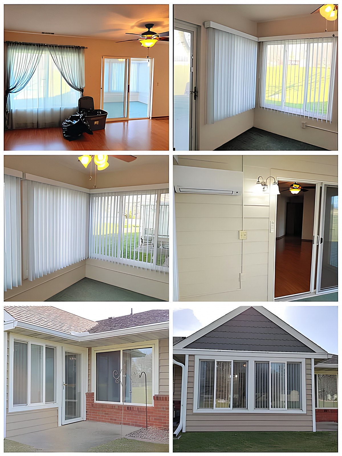 A collage of a home's interior and exterior featuring large windows, curtains, and a sunroom.