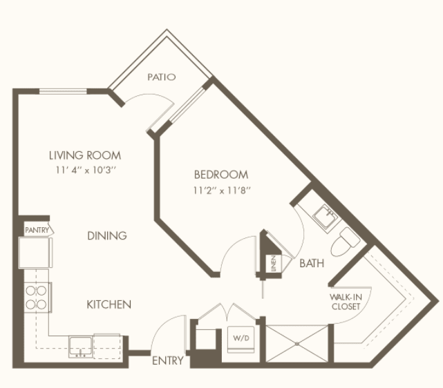 A floor plan of an apartment featuring a living room, dining and kitchen areas, one bedroom, and a bathroom.