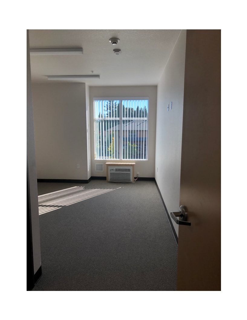 An empty room with a large window allowing sunlight to stream in, highlighting the carpeted floor.