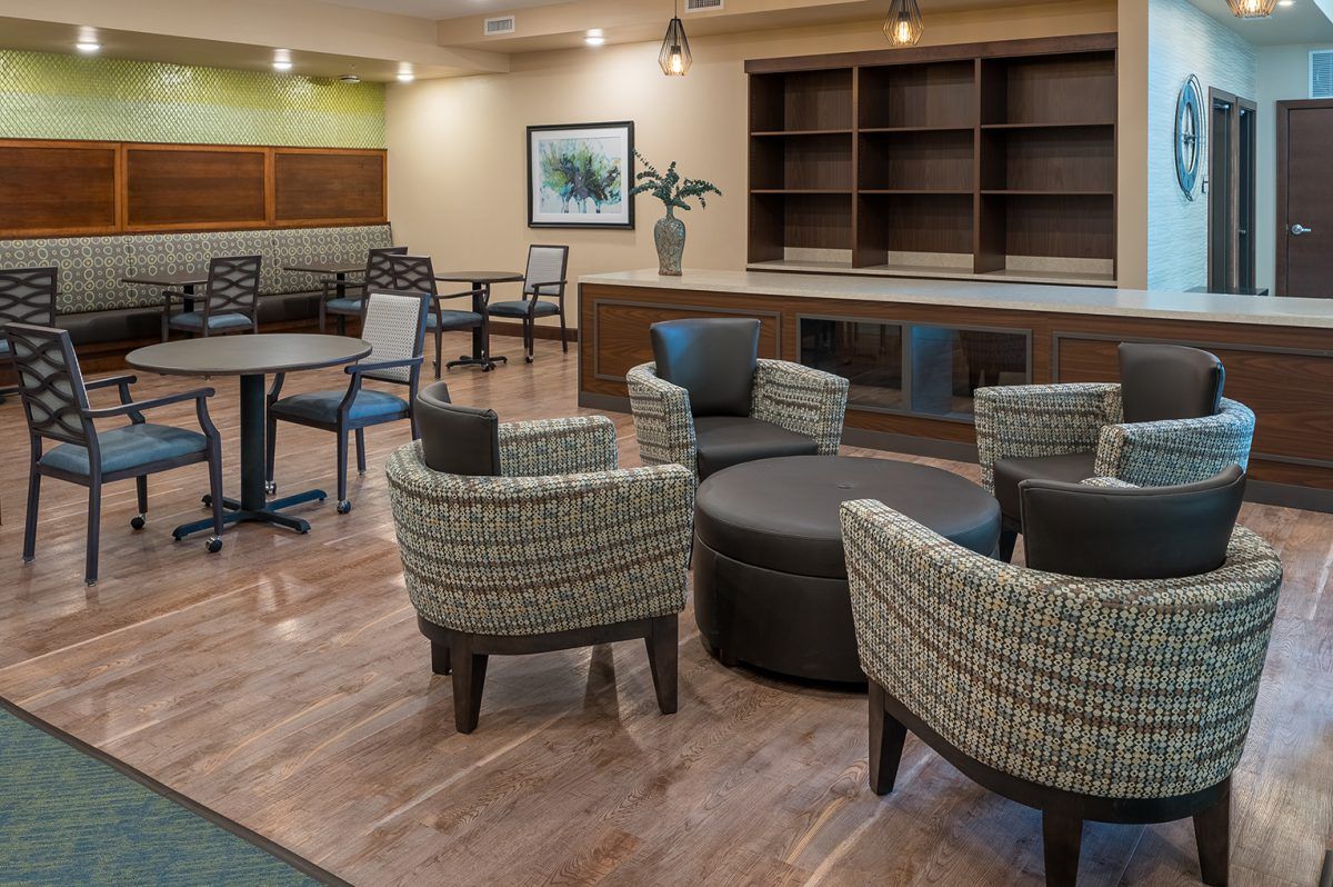 A modern lounge with comfortable seating and a contemporary design.