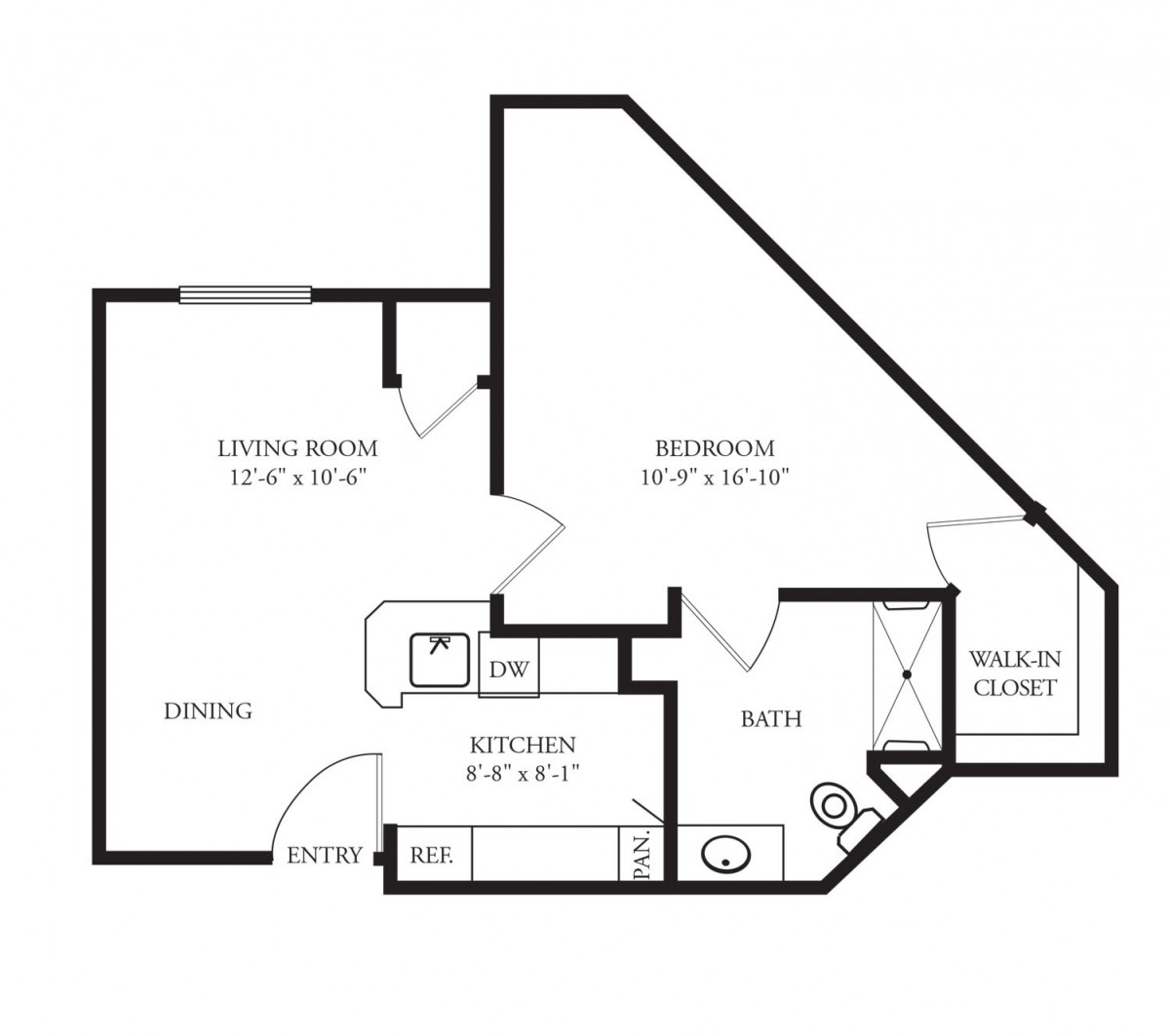 A one-bedroom apartment floor plan with labeled dimensions for each room.
