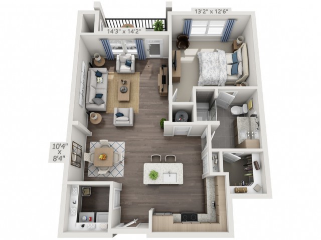 A detailed floor plan of a one-bedroom apartment featuring a living room, kitchen, bathroom, and balcony.