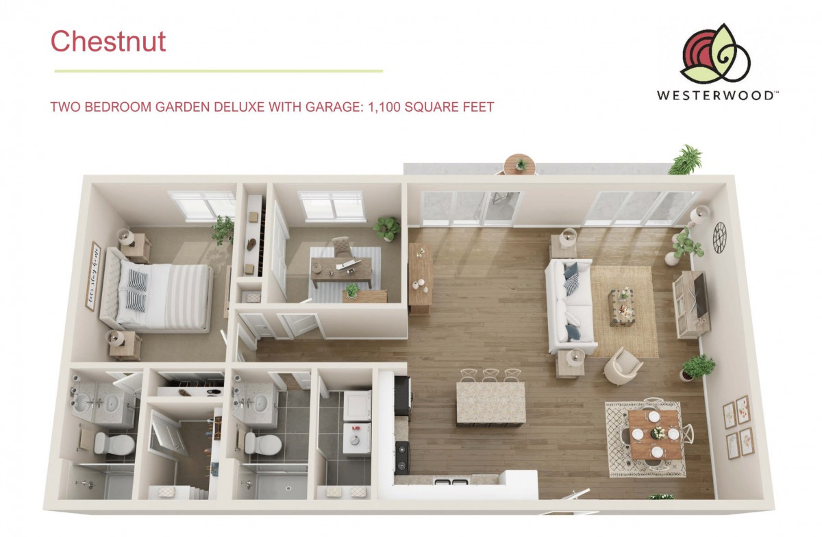 A detailed floor plan of a two-bedroom apartment with modern interior design.