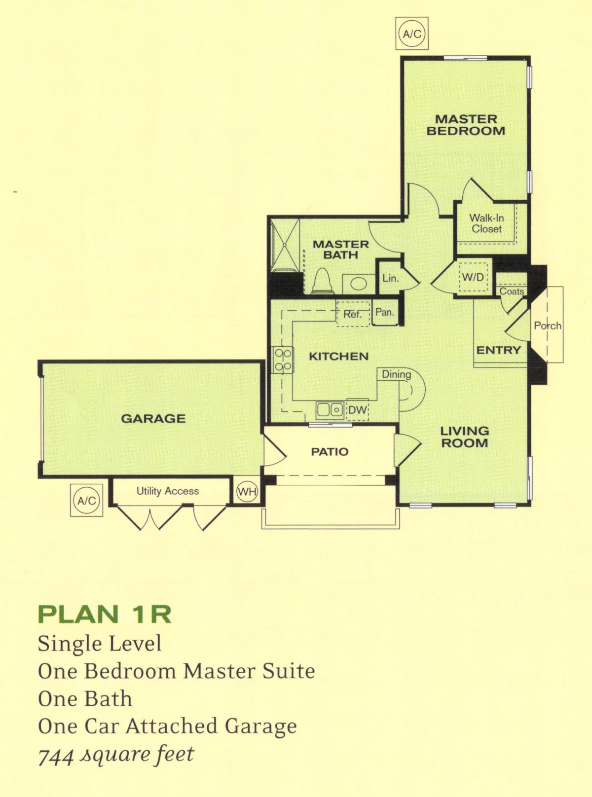 Floor plan of a single-level home with one bedroom and a master suite.