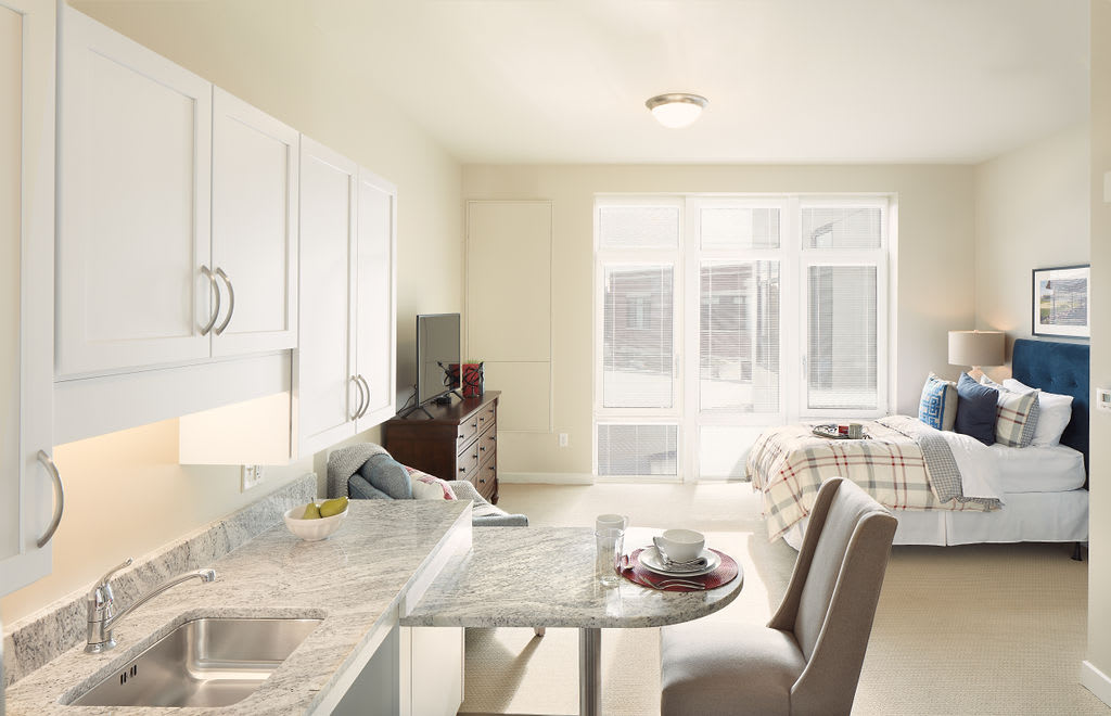 A modern, minimalist kitchen and living room with an open floor plan and ample natural light.