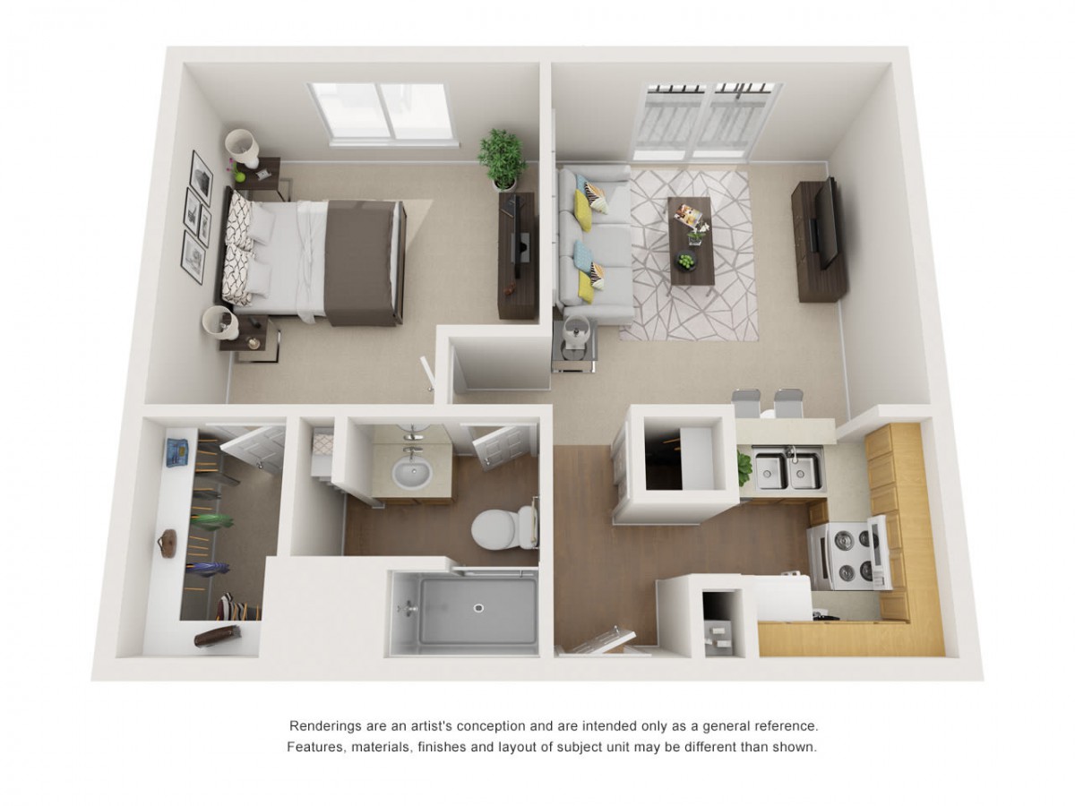 3D floor plan of a 1-bedroom apartment featuring a living room, kitchen, bathroom, and bedroom.