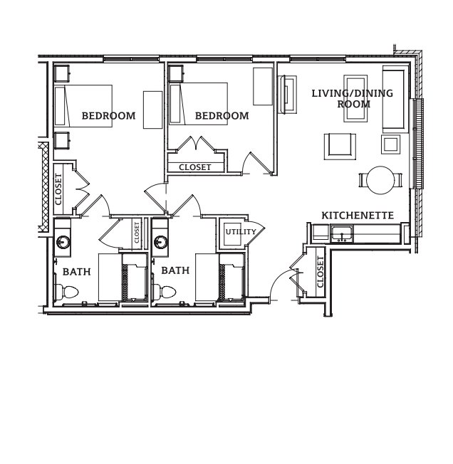 A floor plan of a two-bedroom apartment with a living room, kitchen, and bathrooms.