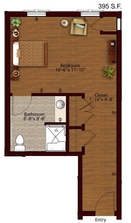 A floor plan showing a bedroom and bathroom layout.