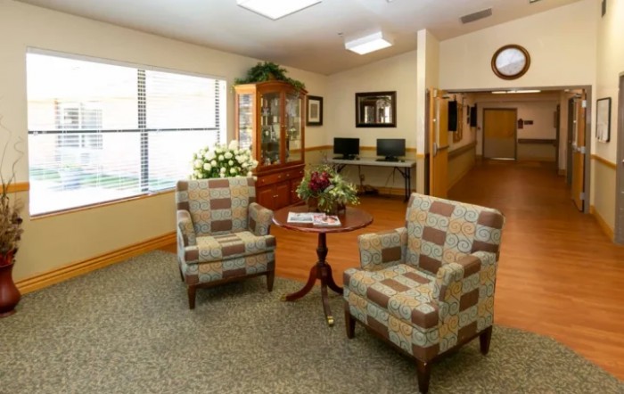A cozy interior space featuring two patterned chairs and a small table, complemented by decorative plants and a window view.