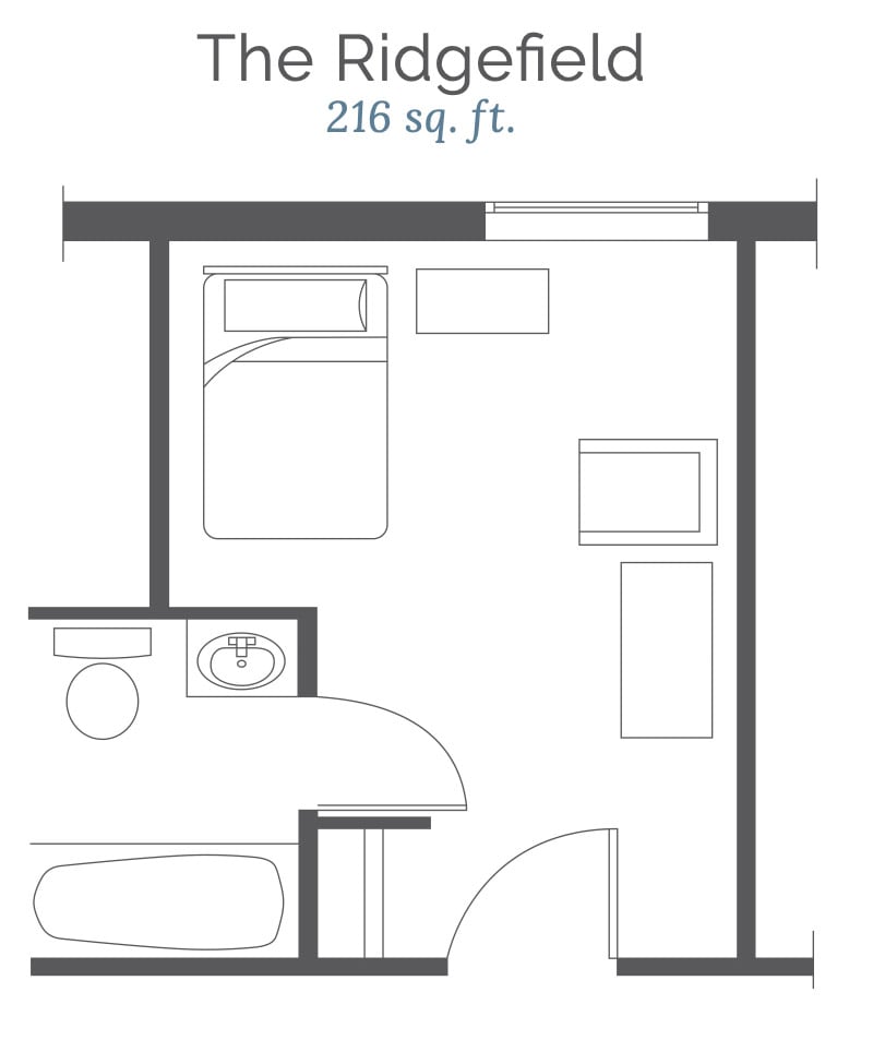 A floor plan of a compact 216 sq. ft. studio apartment.