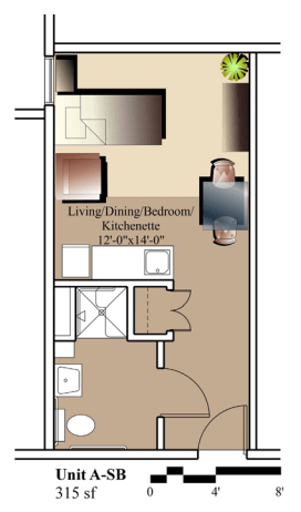 Studio apartment floor plan with combined living, dining, bedroom, and kitchenette area.