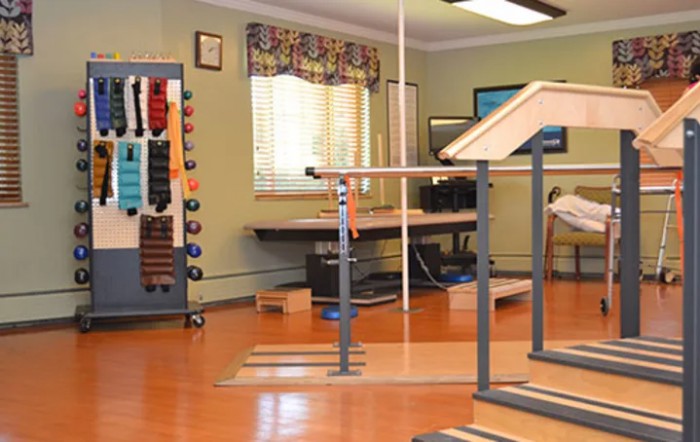 A rehabilitation room equipped with parallel bars and various exercise tools for therapy and fitness activities.