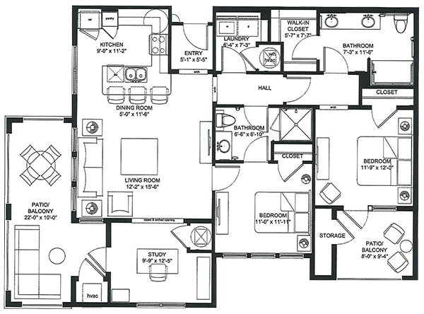 A detailed floor plan showcasing an apartment layout with multiple rooms and facilities.