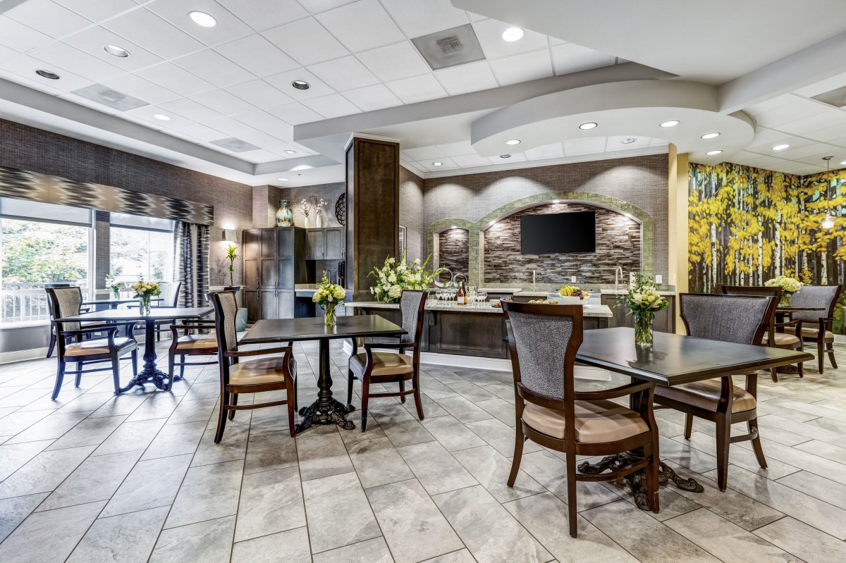A modern dining area with elegant furniture and stylish decor.